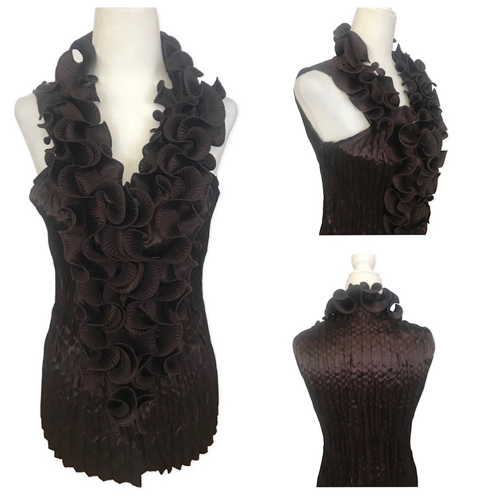 Serenade New York Ruffled Neckline Brown Blouse